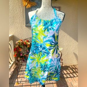 EUC Prana Quinn Dress tropical blues/white/lime-built in shelf bra